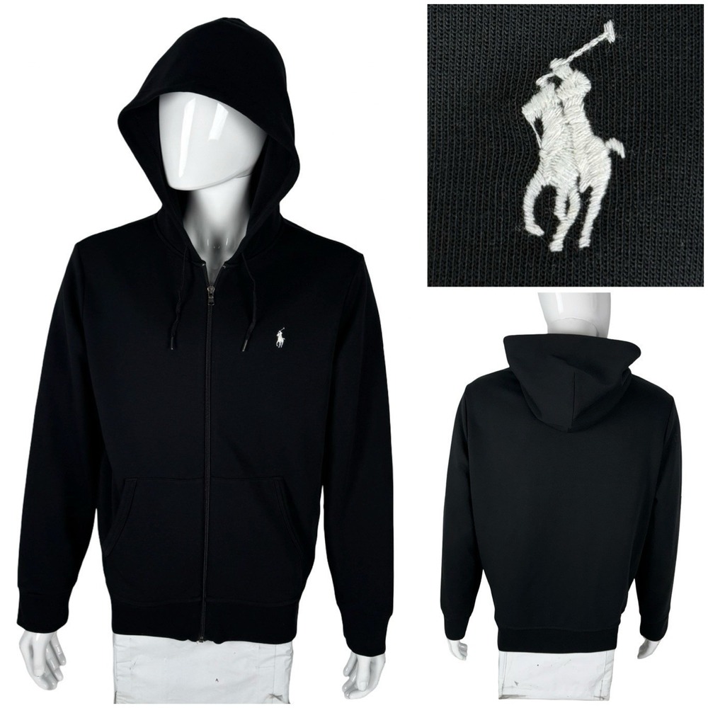 Polo Ralph Lauren Mens Large Zip Up Hoodie Black Performance Tech Cotton Blend